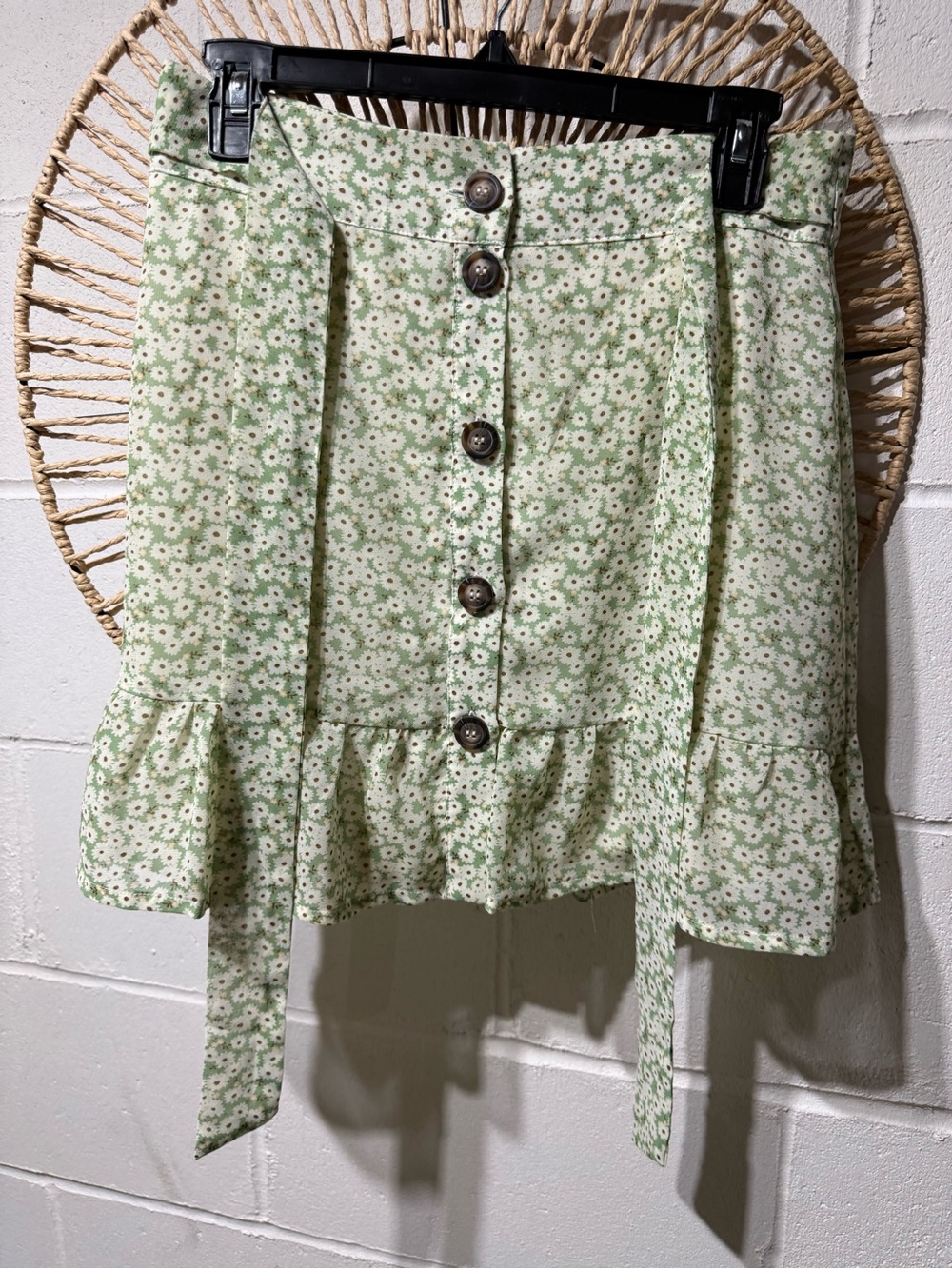 miami Light Green Floral Button-Front Mini Skirt